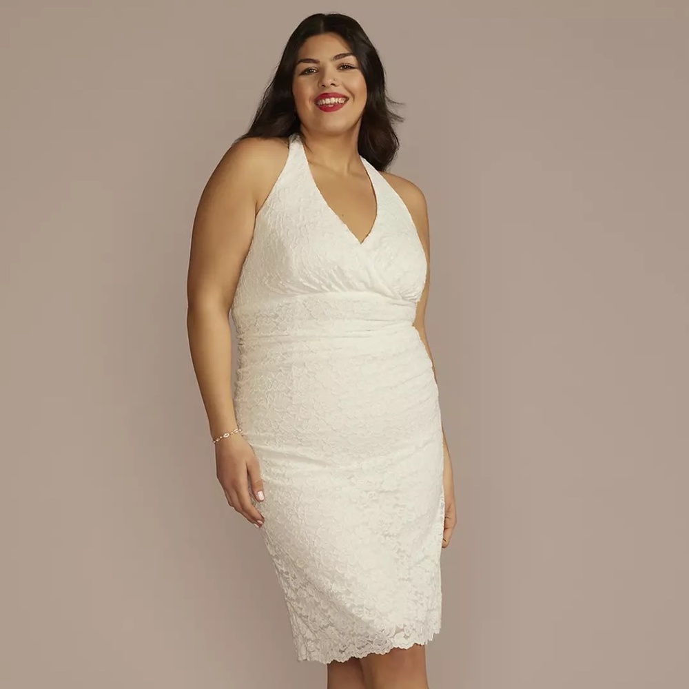 Short Ruched Scalloped Lace Halter Dress